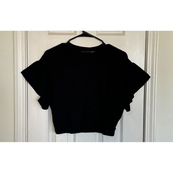 Alice and Olivia Joline Ruffle Flutter Sleeve Cropped Sweatshirt Top XS Black L2 - Picture 4 of 8